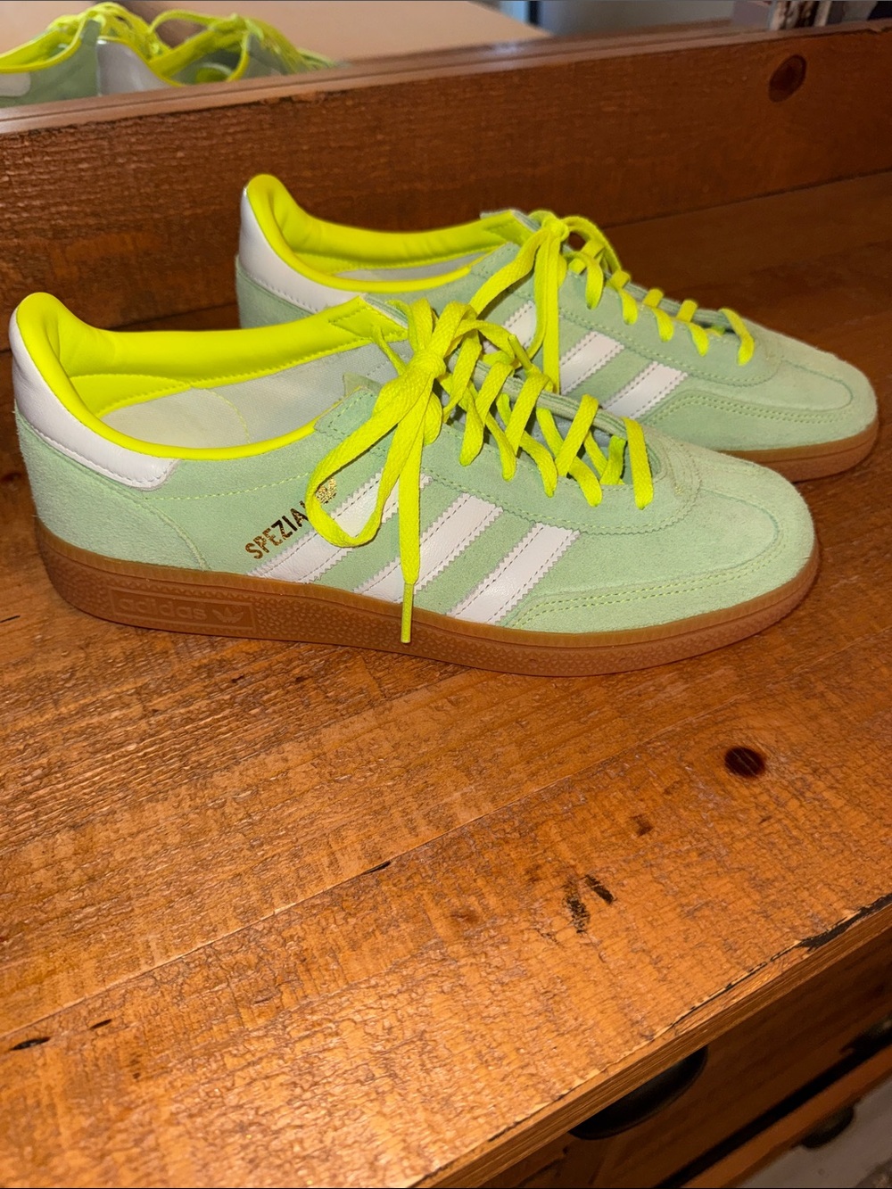 adidas Spezial Mint Green Suede Sneakers with Neon Yellow Accents
